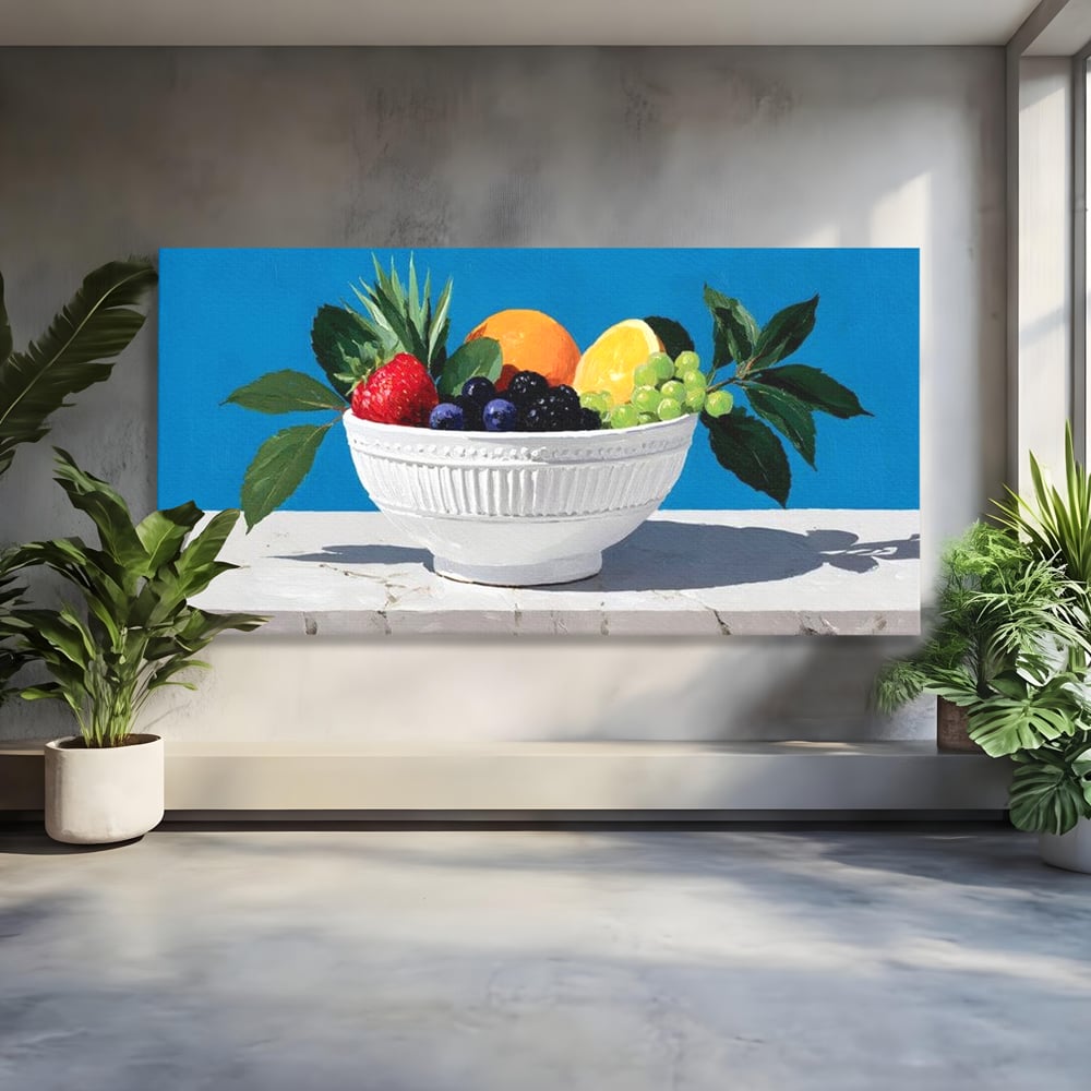 Tablou canvas cu pictura cu bol alb si fructe, fara rama, pe sasiu de lemn
